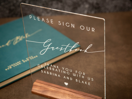 Clear Acrylic Guest Book Sign With Wood Stand - Please Our Guestbook For Table Decor, Signage Book, Modern Wedding