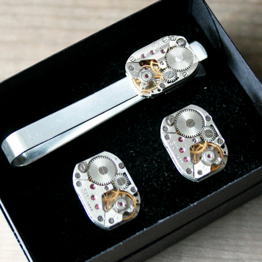 Cufflinks & Tie Bar Set Steampunk Mens Accessories Cuff Links & Clip Wedding Jewelry Set For Him Gift Groom Groomsmen Gift
