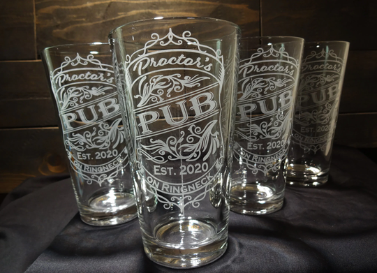Custom Scrolling Beer Label Design Etched Pint Glass, Personalized