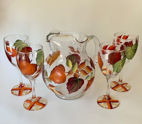 Hand Painted Glass Pitcher Set, Fall Leaves, Autumn Decor