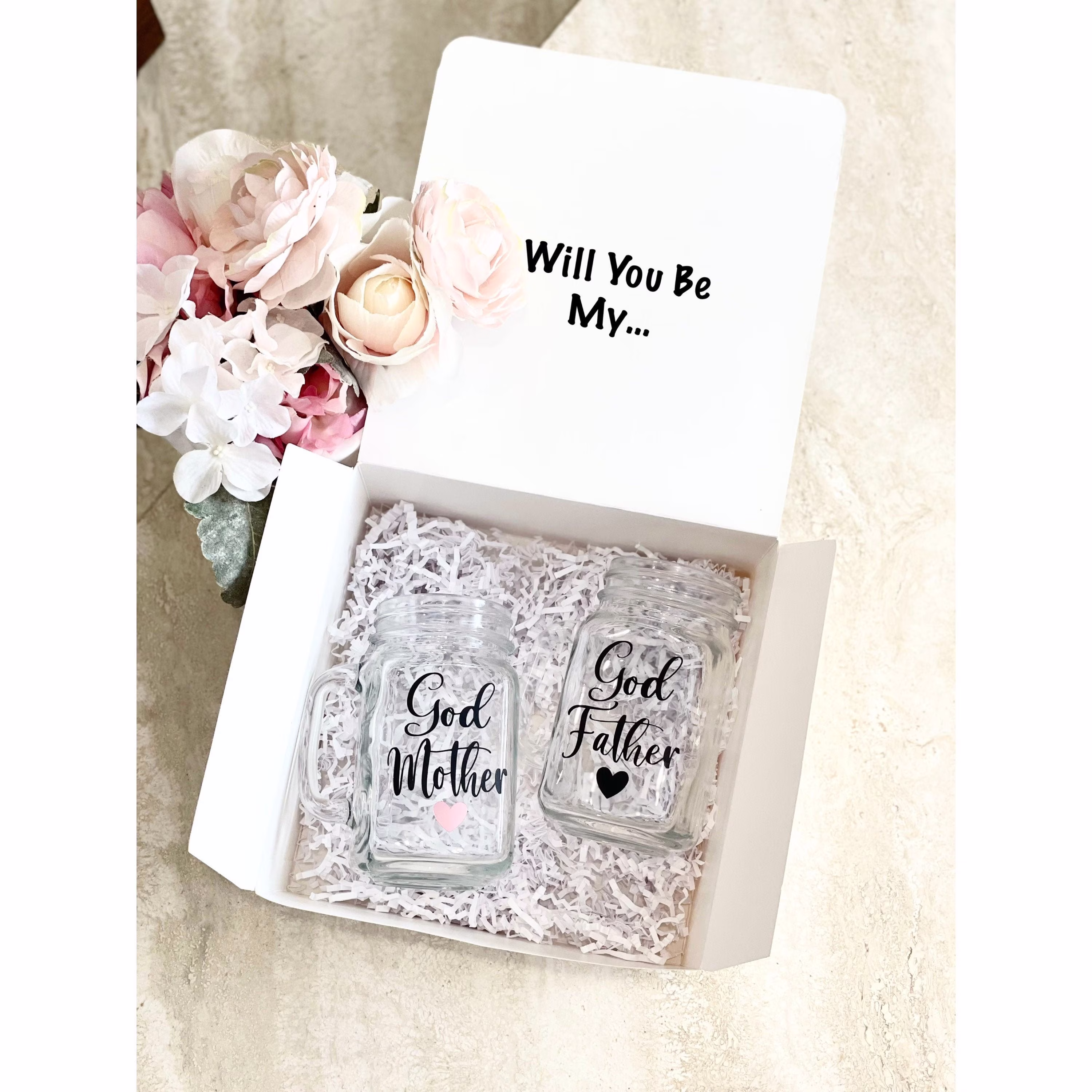 Godparent Mason Pint Jar Glass & Box, Godmother Godfather Proposal Gift, Proposal, Madrina Padrino Nina Nino
