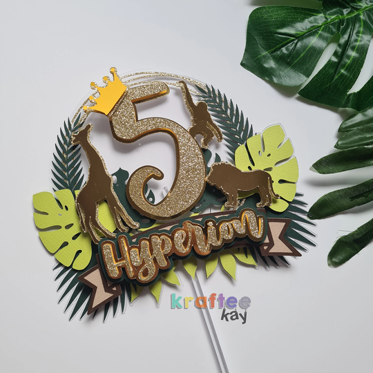 Custom Jungle Themed Cake Topper, Birthday Personalize Age & Name, Animal Gold Green