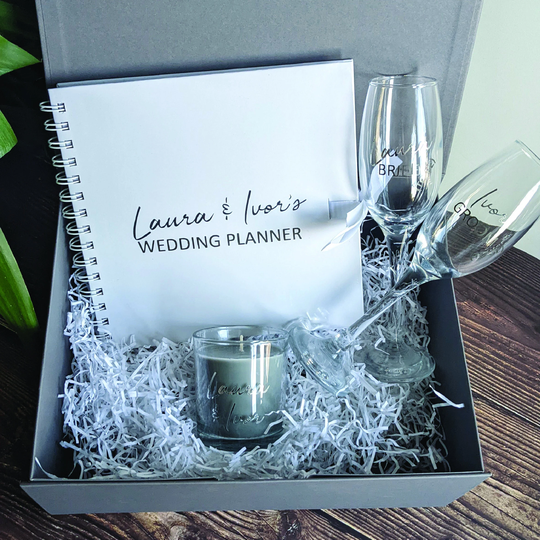 Engagement Gift With 2 Champagne Glasses, Candle & Wedding Planner. Comes Box And/Or Bag. Grey & Silver