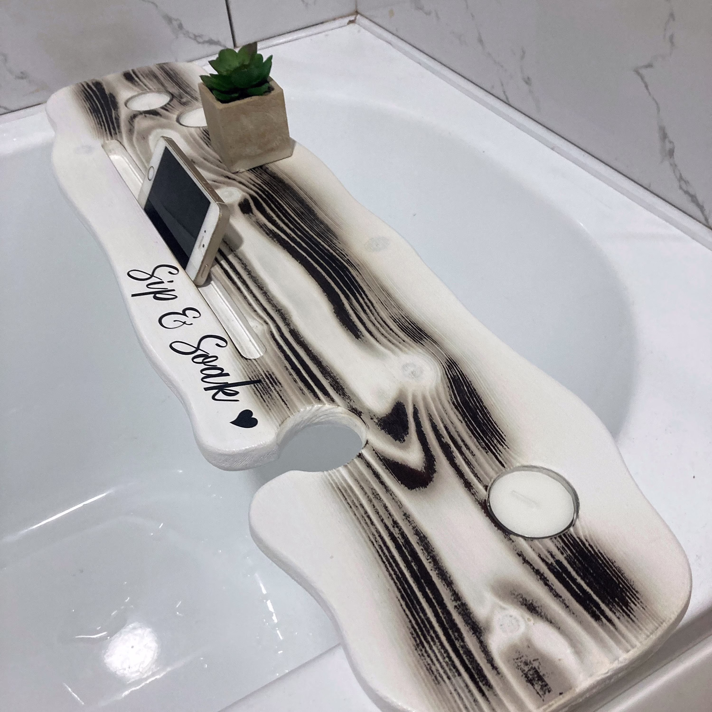 70cm Live Edge Grey Black White Bath Shelf Caddy Board/Bath| Tealight/Wine Glass/Ipad Slot