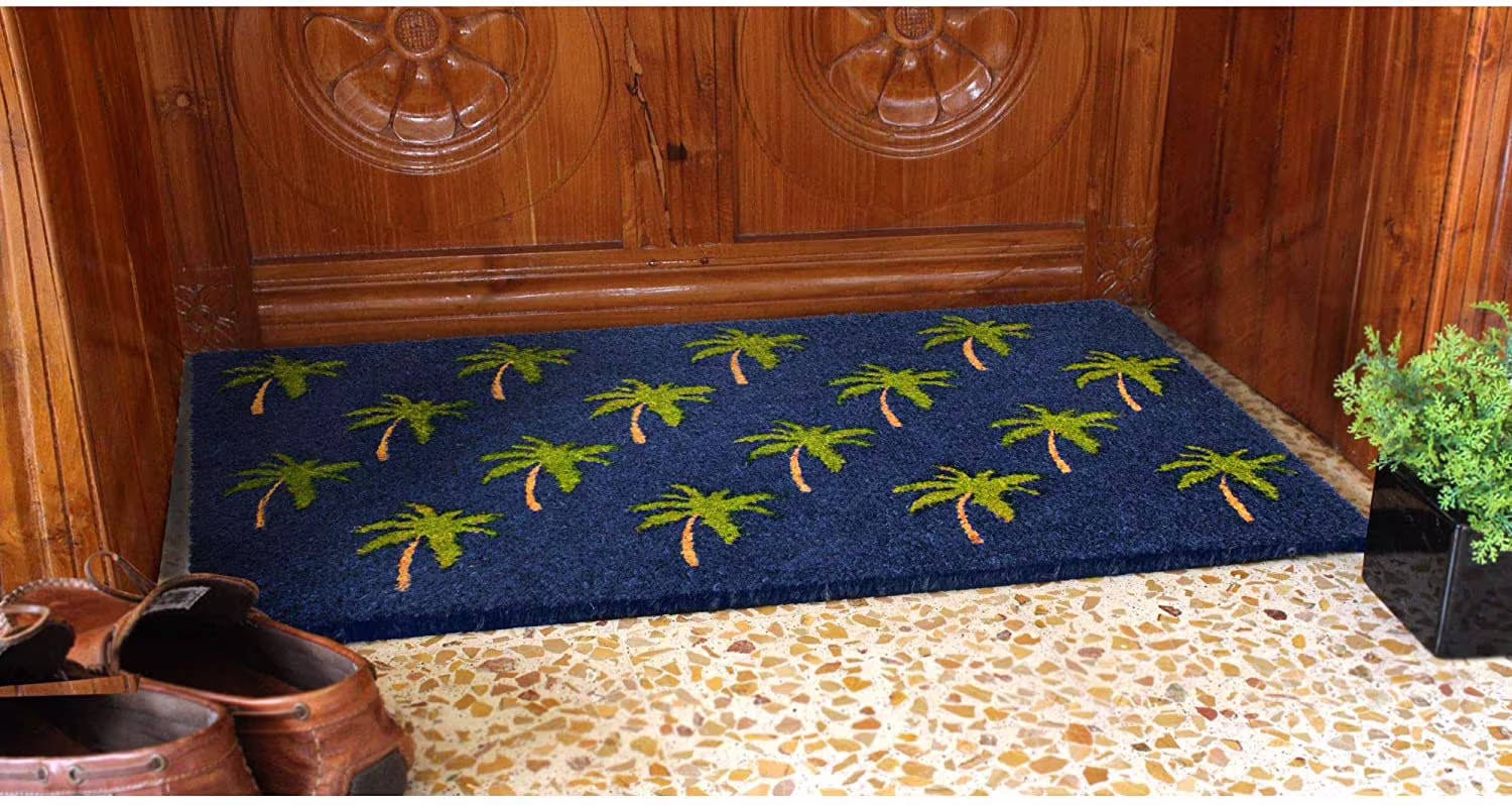 All Creations Palm Trees Blue & Green Doormat, 45 X 75cm PVC Backing Fun Stencil Present Gift Quailty Coir Door Mat Internal