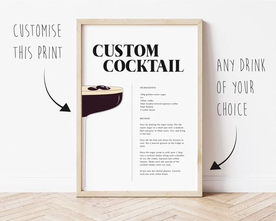 Custom Cocktail Recipe Print | Cocktails Print, Espresso Martini Gift Guide Kitchen Mothers Day