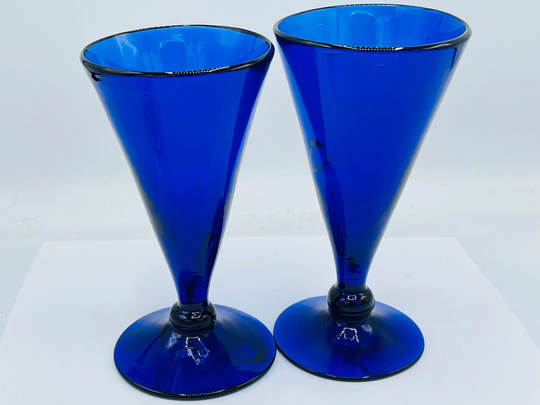Vintage Pair | 2 Hand Blown Cobalt Blue Glass Cocktail Glasses - 8 Ounces