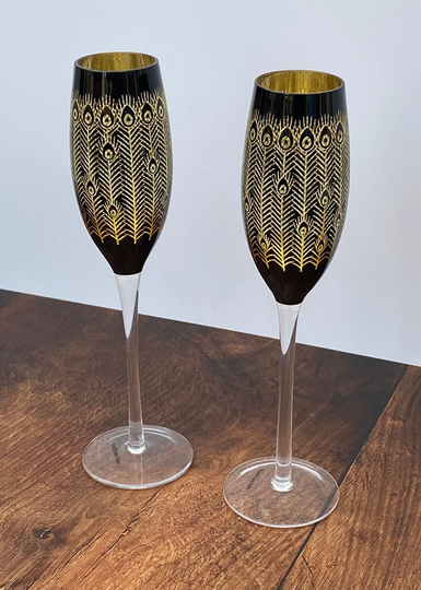 2 Black & Gold Peacock Champagne Flutes
