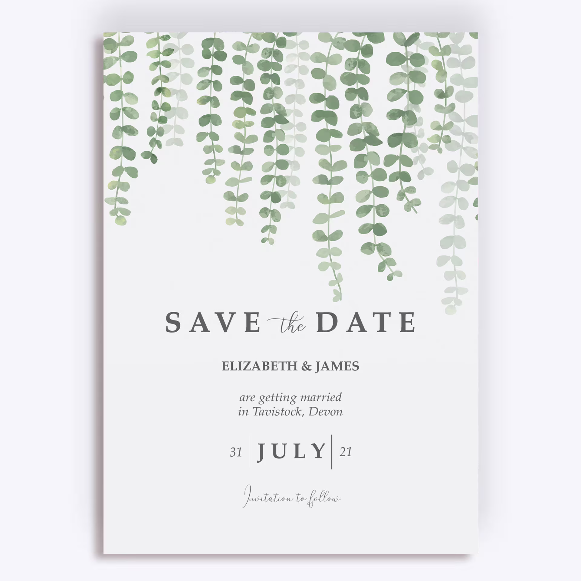 Botanical Green Eucalyptus Wedding Save The Date Cards & Envelopes