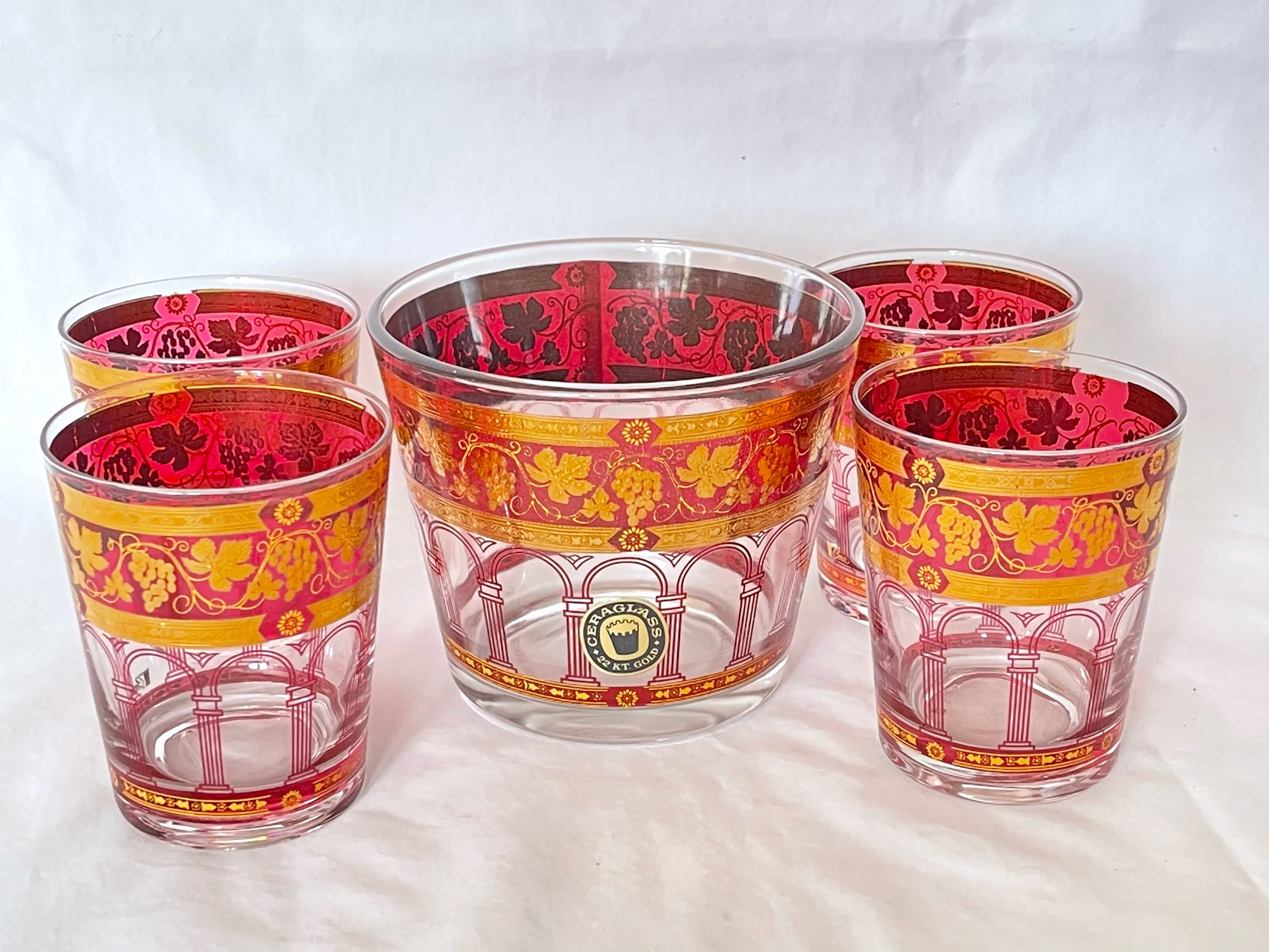 Cera Glass Golden Grapes Burgundy Ice Bucket With Double Old Fashioned Glasses Bar Set