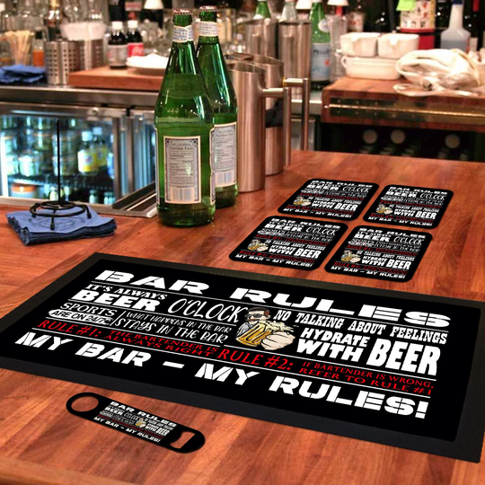 Bar Runner Mat, Matching Bottle Opener & 4 X Drinks Coasters Gift Set For Home Bars Pubs Garden Tiki - Bar-Run-Set-114