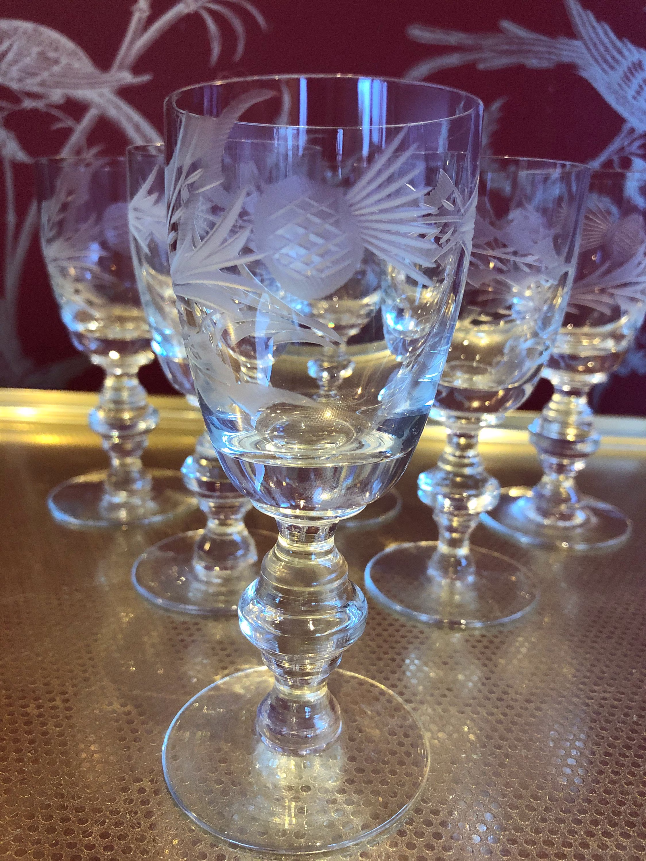 Vintage Set Of Six Liqueur/Sherry Glasses Etched With Thistle Design