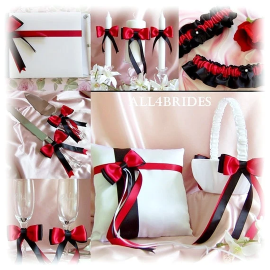 Wedding Red Black White Basket, Pillow, Guest Book, Bridal Garters, Champagne Glasses, Cake Set, Candles, 12Pc Set