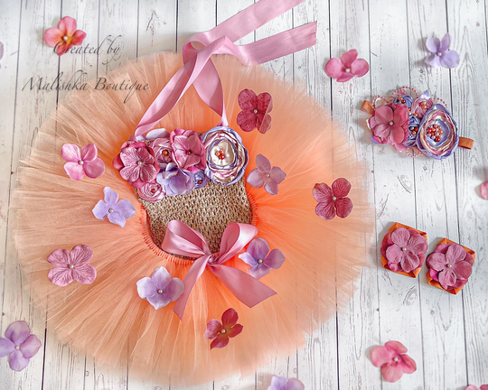Fall Fairy Tutu Top Headband Barefoot Sandals Outfit, Dusty Fabric Flowers, Lavender Beige Champagne Cake Smash Costume, Baby Girl 6 Month