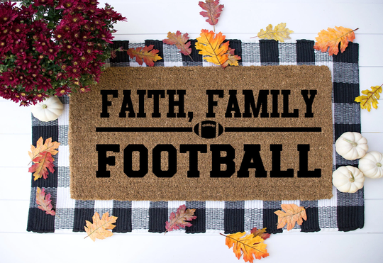 Faith Family & Football - Welcome Mat Decor Custom Doormat Housewarming Gift Fall Decor Porch