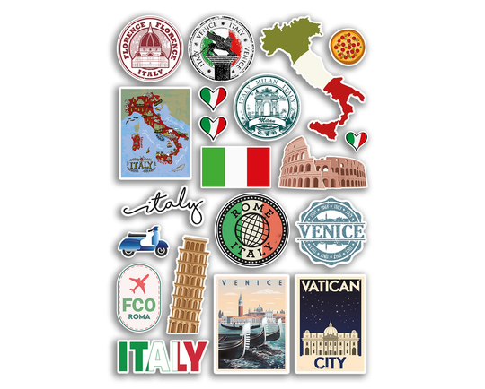 A4 Sticker Sheet Italy Landmarks Vinyl Stickers - Italian Rome Venice Fco Stamp Flag Travel Holiday Culture Scrapbook Luggage Gift #78878