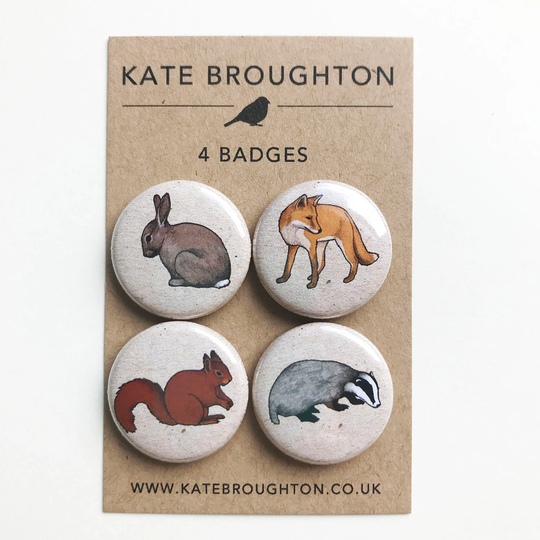 Woodland Animal Badges | Set Of Four Fox, Rabbit, Badger, Squirrel