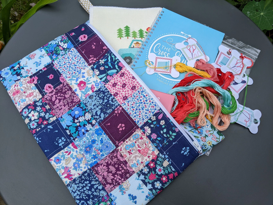Patchwork Project Bag in Liberty Fabric. Blues & Purples. 14" Wide X 10