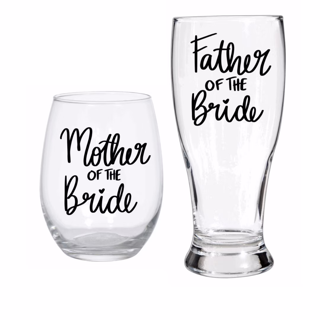 Mother & Father Of The Bride Wedding Gift Set | Stemless Wine Glass Beer Pint Parent's Bridal Shower For Mom