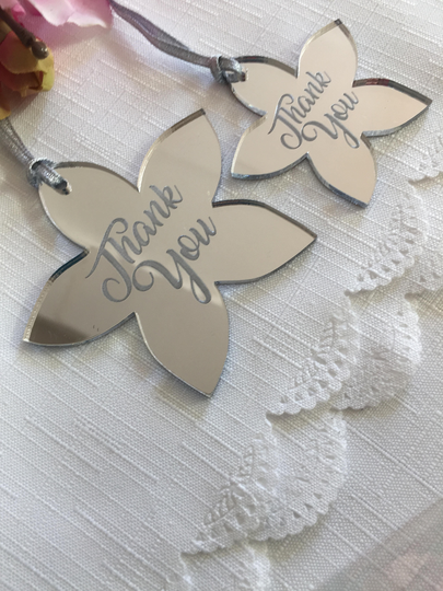 Thank You Flowers - Silver Mirror Flower You Tag Wedding Party Favours Table Bridesmaid Gift Keepsake