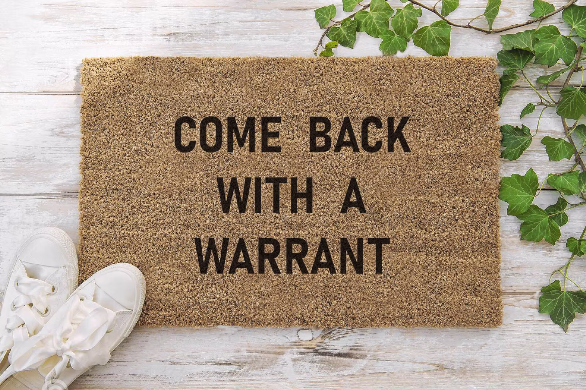 Come Back With A Warrant 70 X 40cm Internal Coir Door Mat, Hand Made in The UK