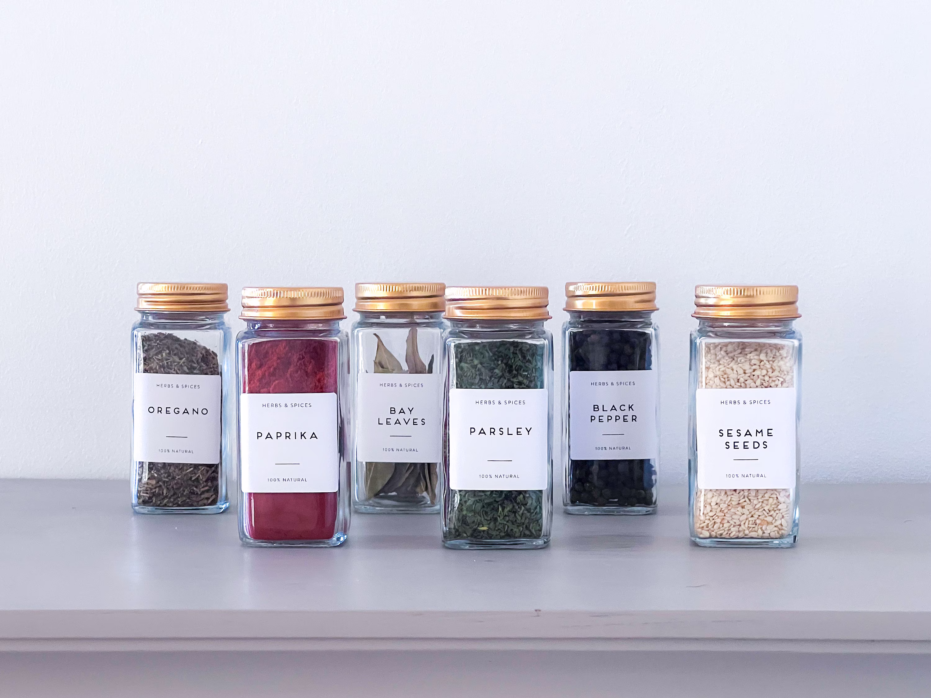 Labelled Square Spice Jars With Shaker Inside Tops & Gold Lids - Set Of 6 Home Organisation Waterproof Silver Labels