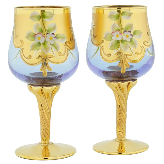Glassofvenice Set Of Two Murano Glass Wine Glasses 24K Gold Leaf - Alexandrite