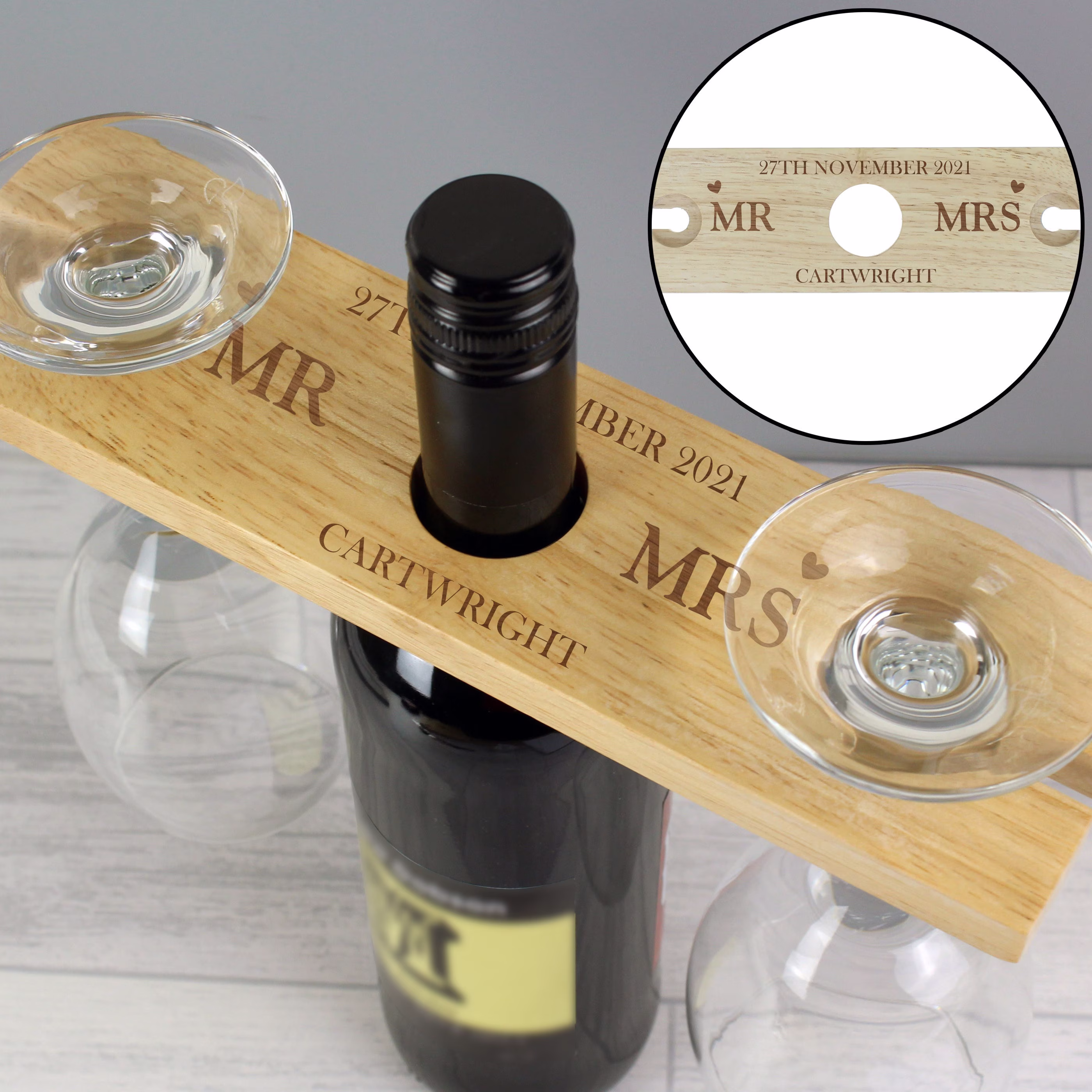 Personalised Mr & Mrs Wine Glass & Bottle Butler - Mr Mrs Wedding Gift His Hers Housewarming Prosecco