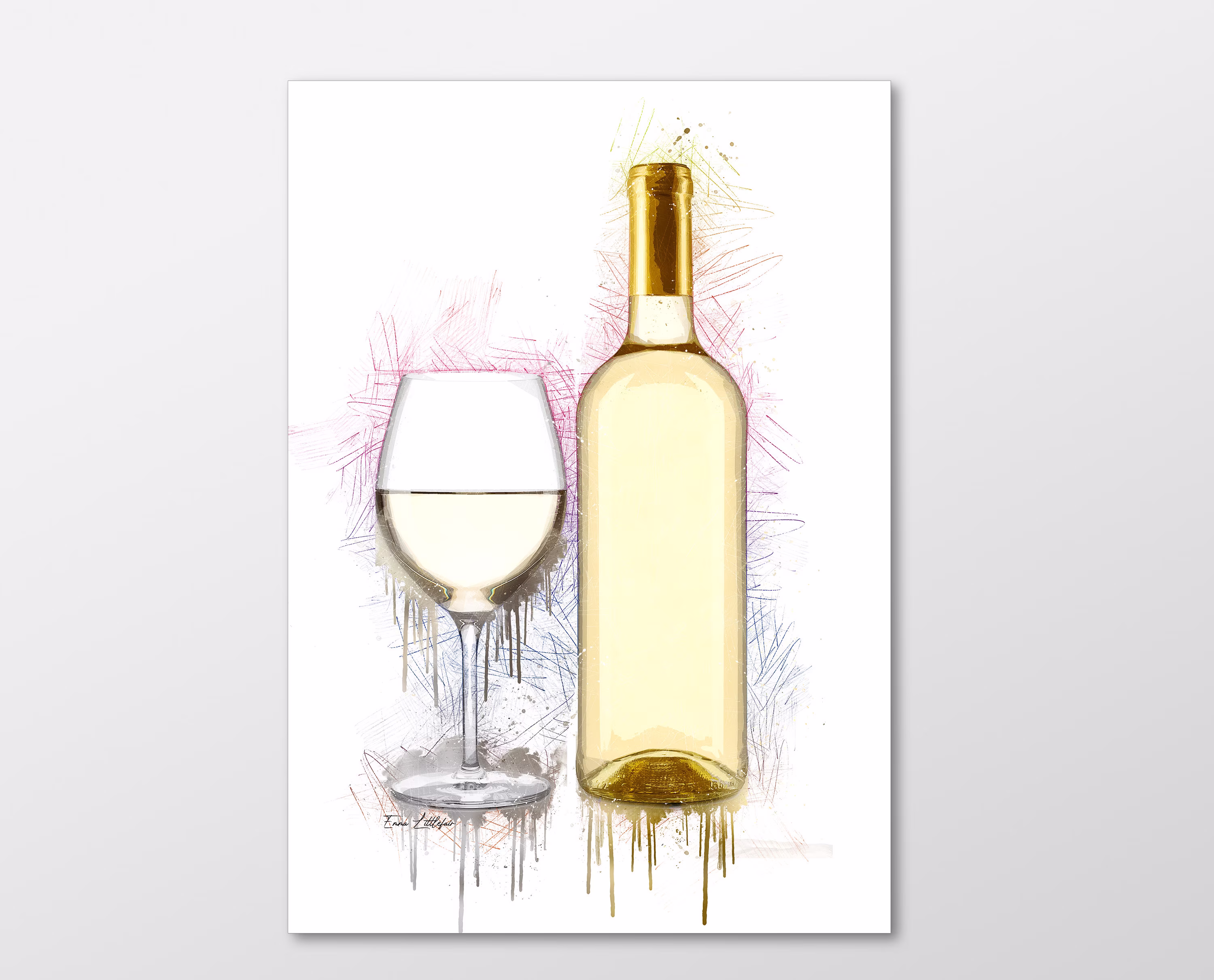 White Wine Bottle & Glass Art Print, Wall - Perfect For Kitchens Offices