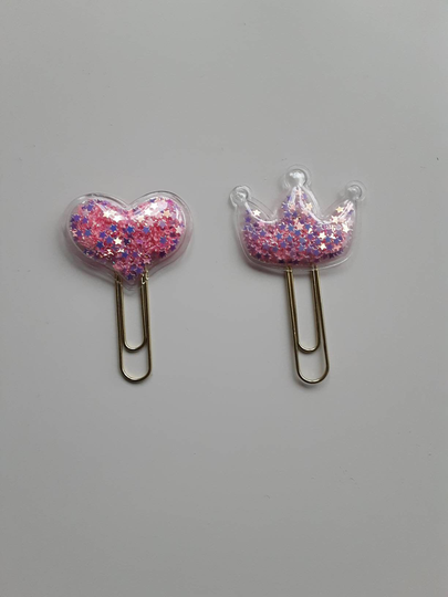 Beautiful Pink Glitter Crown Or Heart Shaker Clips Filled With Moveable Sparkly Stars. Planner Gifts. Stationery. UK Seller