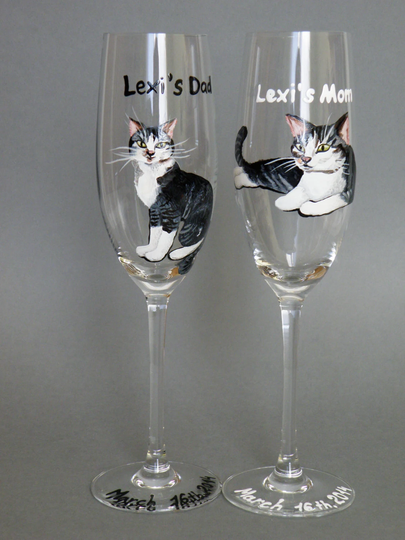 Hand Painted Wedding Toasting Flutes Set Of 2 Personalized Champagne Glasses Theme My Lovely Cat