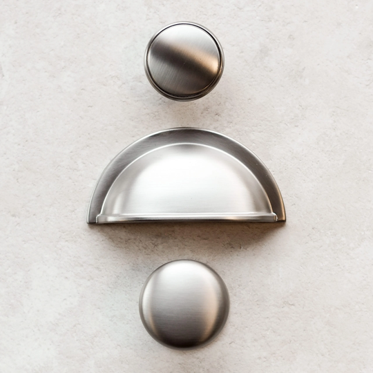 64mm Brushed Nickel Shaker Cup Handle | Matching Knobs 38mm & 42mm Kitchen Cabinets Furniture Doors Drawers Wardrobes Bedrooms Bathrooms