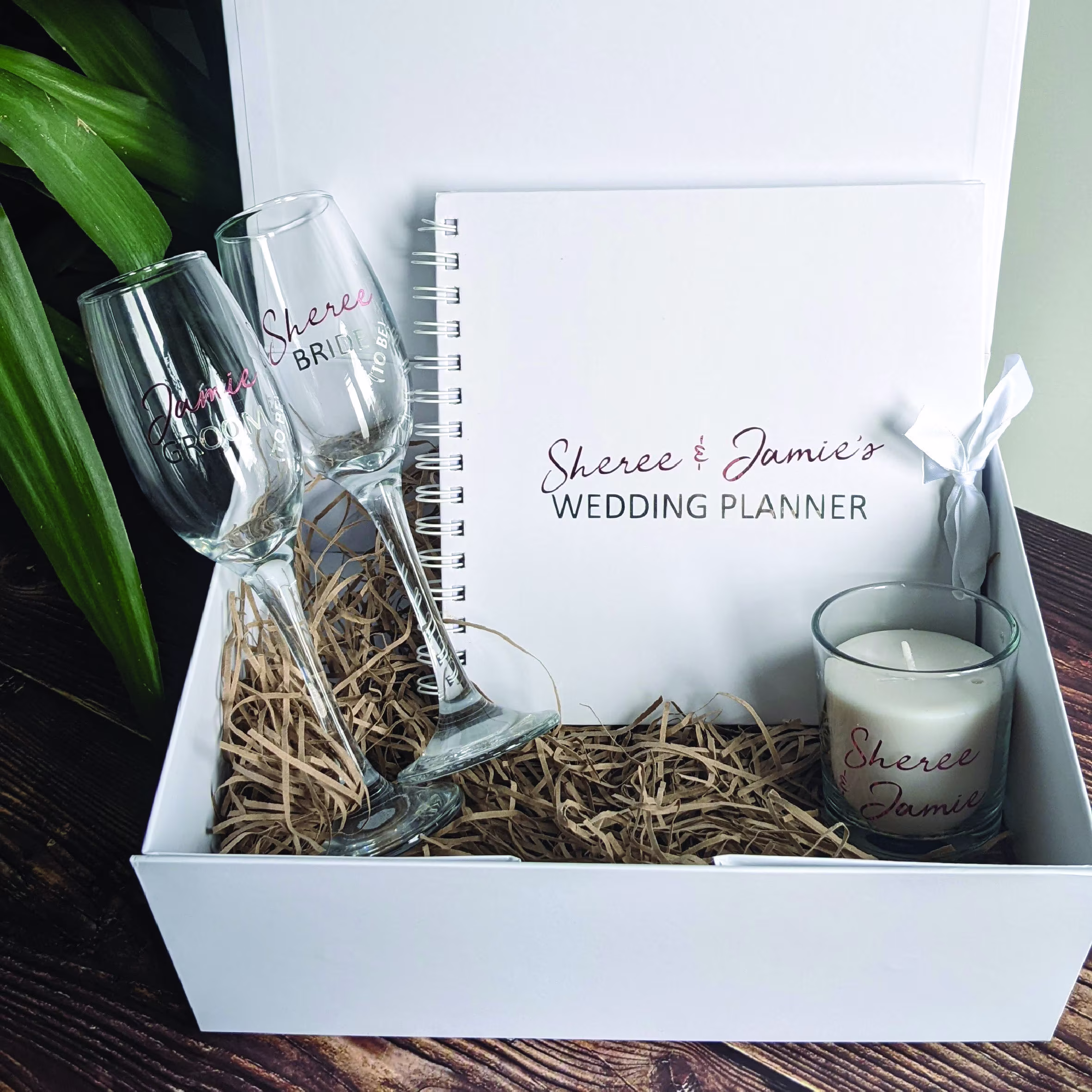 Engagement Gift With Personalised Wedding Planner, Champagne Glasses & Scent Candle. Rose Gold Silver