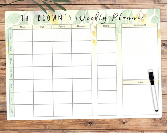 A3 Family Weekly Planner Dry Wipe Whiteboard Wall Organiser, Meal Planner, Personalised Erase White Board Command Centre, Week Planning