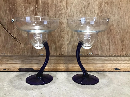 2 Vintage Cobalt Blue Stem Martini Glasses Set Of ~ Postmodern Drinkware Clear Sherbet Glass