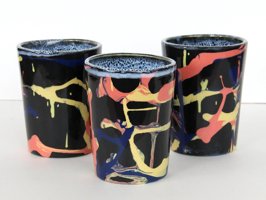 Splatter Paint Design Colorful Ceramic Cups, Black Yellow Pink Blue Abstract Stoneware Tumblers, Contemporary Graffiti Clay Cups Set