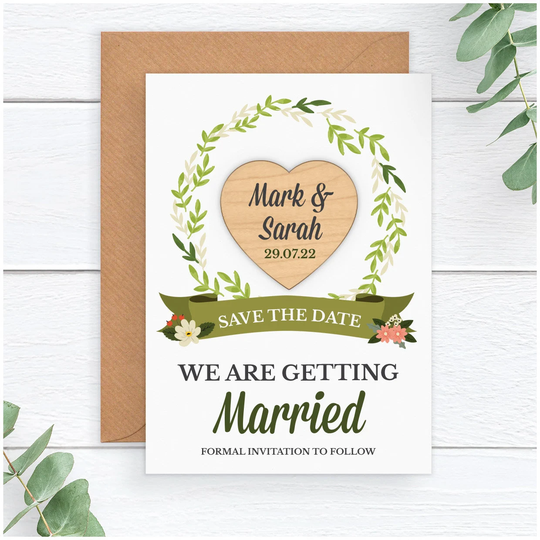 Greenery Wreath Wedding Save The Date Cards - Personalised Rustic Wooden Fridge Magnets Spring Summer Autumn