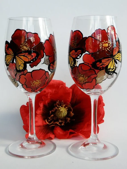 Hand Painted Wine Glass - Red Poppies & Butterflies