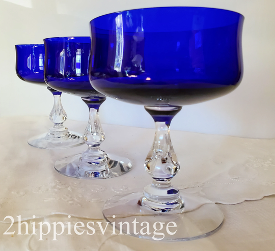 Four Vintage Champagne/Tall Sherbets Distinction Cobalt Blue Clear Stem By Fostoria 1973