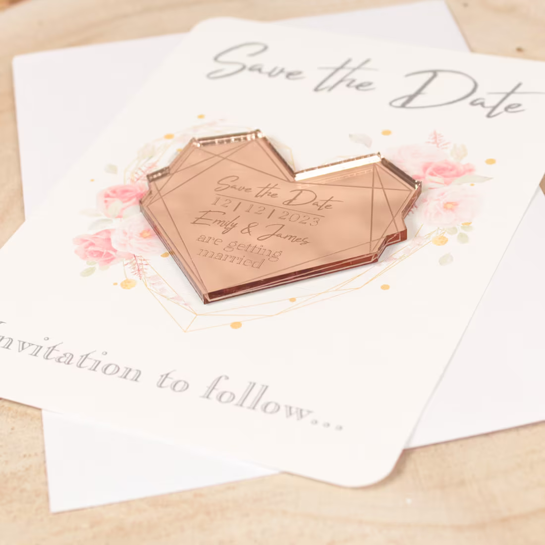 Personalised Mirror Heart Frame Save The Date Magnets & Cards | Rose Gold, Silver Or Gold