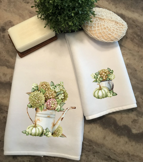 Sale - Hydrangea Towel Set, Vintage Bath Pair, Elegant Towels, Floral Hand Tip Home Decor, Luxury Guest Towels