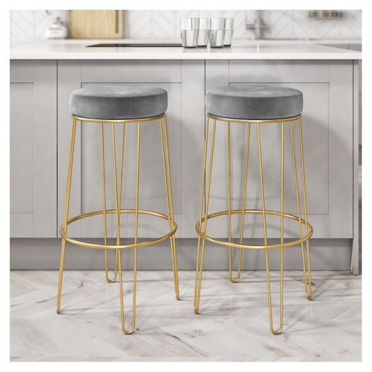 (Grey) 2Pcs Round Barstools Kitchen Breakfast Dining Bar Stools with Gilded Wire Leg
