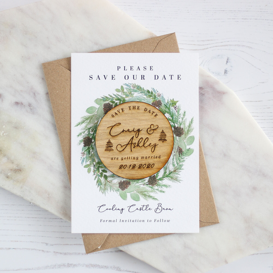 Rustic Winter Wooden Magnet Wedding Save The Date | Eucalyptus Botanical Pinecone Fir Tree Festive Wreath