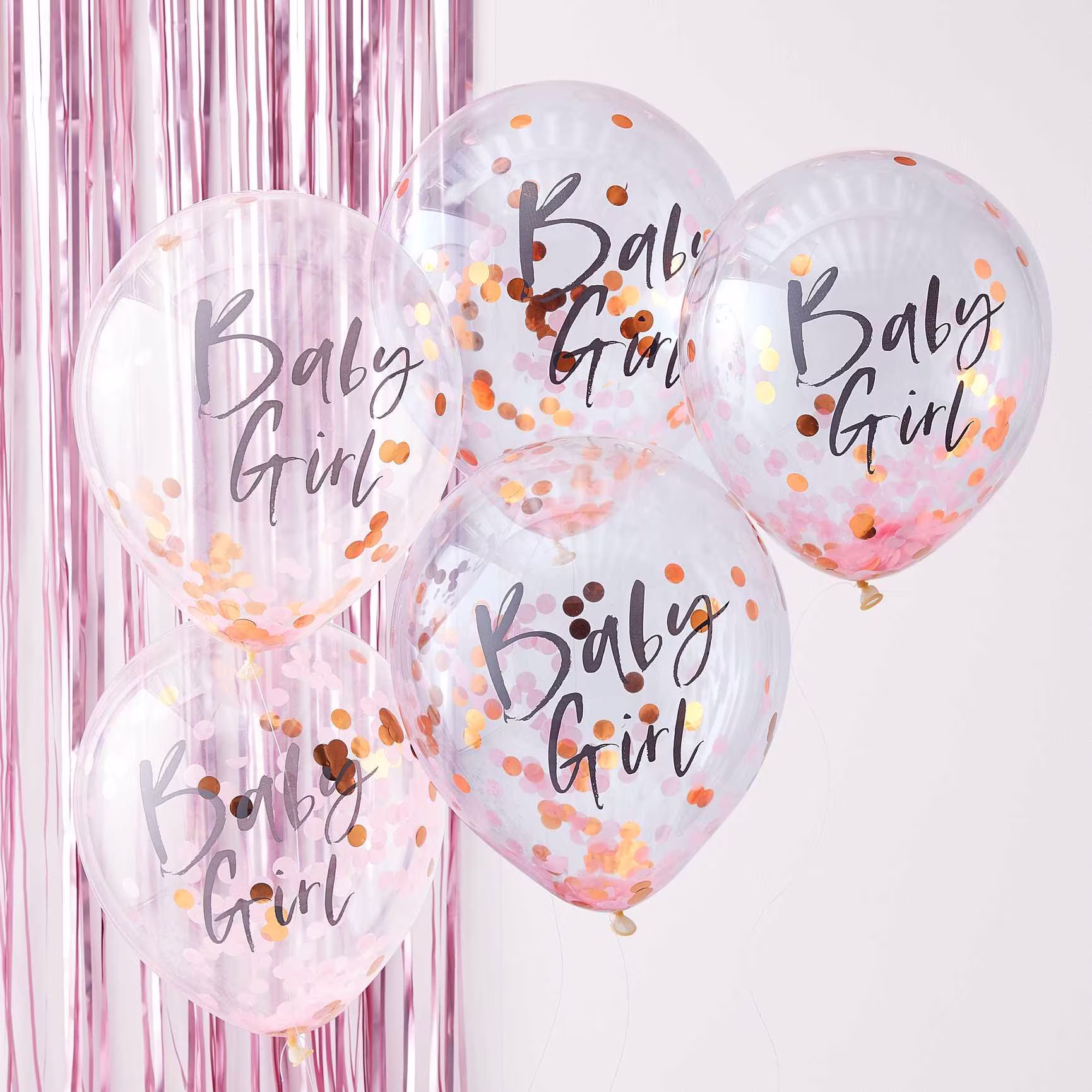 Baby Girl Pink Confetti Balloons X 5, Shower Confetti Party Balloons, Decorations, Rose Gold