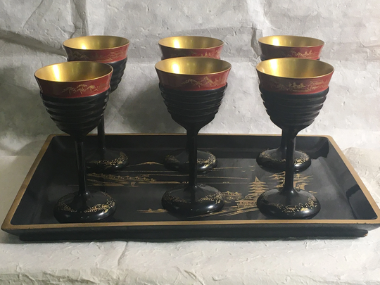 Vintage Japanese Lacquer Goblets & Tray, Wine Glasses, Sake Cups, Black Gold