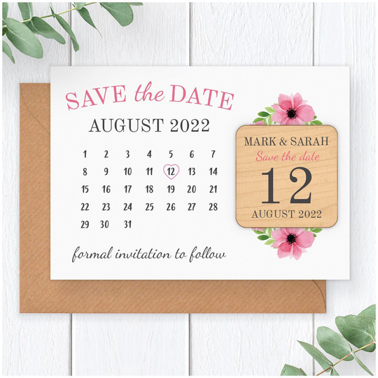 Pink Flower Wedding Save The Date Magnet Calendar - Personalised Floral Wooden Fridge