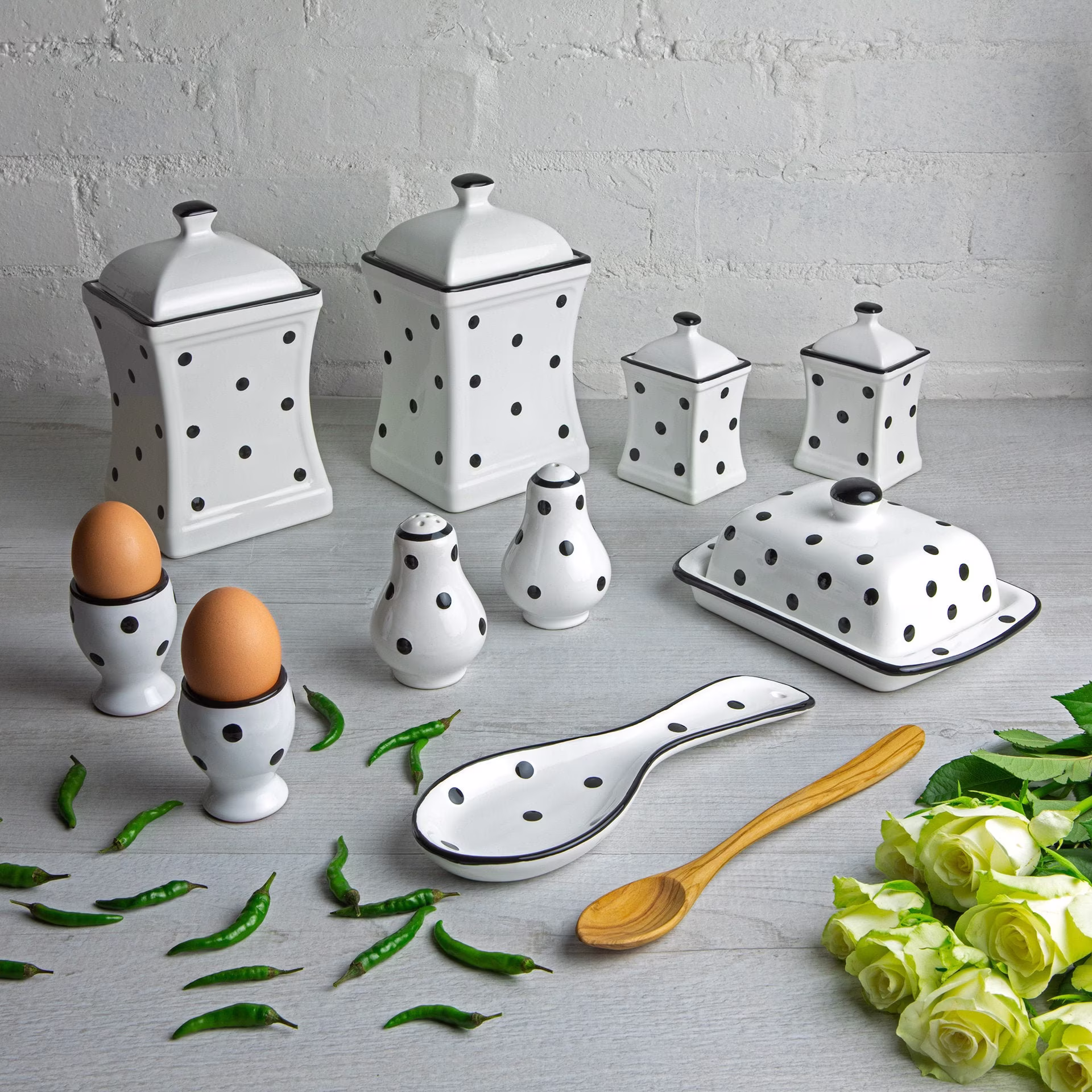 White Kitchen Set | Canisters, Spice Jars, Butter Dish, Cruet Set, Spoon Holder, Egg Cups, Handmade Ceramic Black Polka Dot Of 10