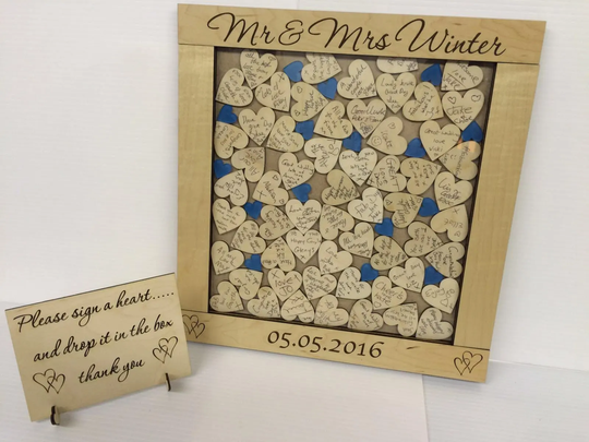 Personalised Luxury Maplewood Blue Hearts Drop Box Wedding Guest Book Gift Rustic Vintage Guestbook Alternative Wooden Dropbox