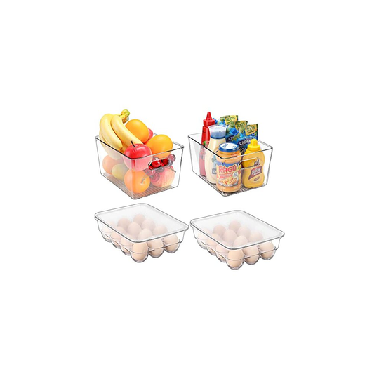 Puricon 4 Pack Clear Storage Bins and Egg Holder Storage Box 12 Grid for Fridge Kitchen Cupboard, 2 Stackable Egg Organiser Tray with Lid and 2 P