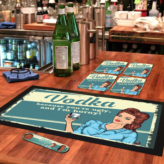 Bar Runner Mat, Matching Bottle Opener & 4 X Drinks Coasters Gift Set For Home Bars Pubs Garden Tiki - Bar-Run-Set-121